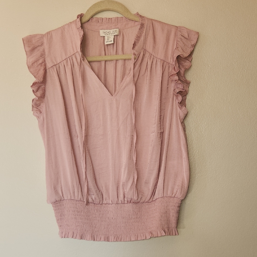 Rachel Zoe Blush Ruffled Sleeve Elastic Waist Blouse With Hanging Ties Size L
